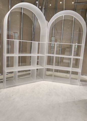 acrylic product display stands mannequin display unit tables and shelves installed at link digital wafi mall in dubai 