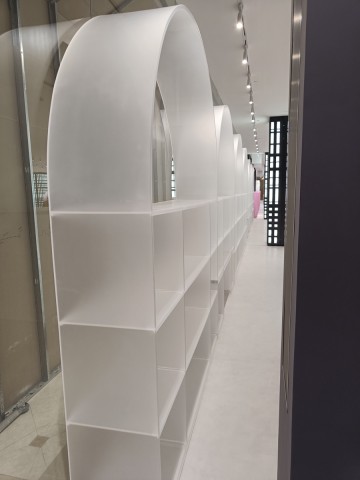 acrylic product display stands mannequin display unit tables and shelves installed at link digital wafi mall in dubai 